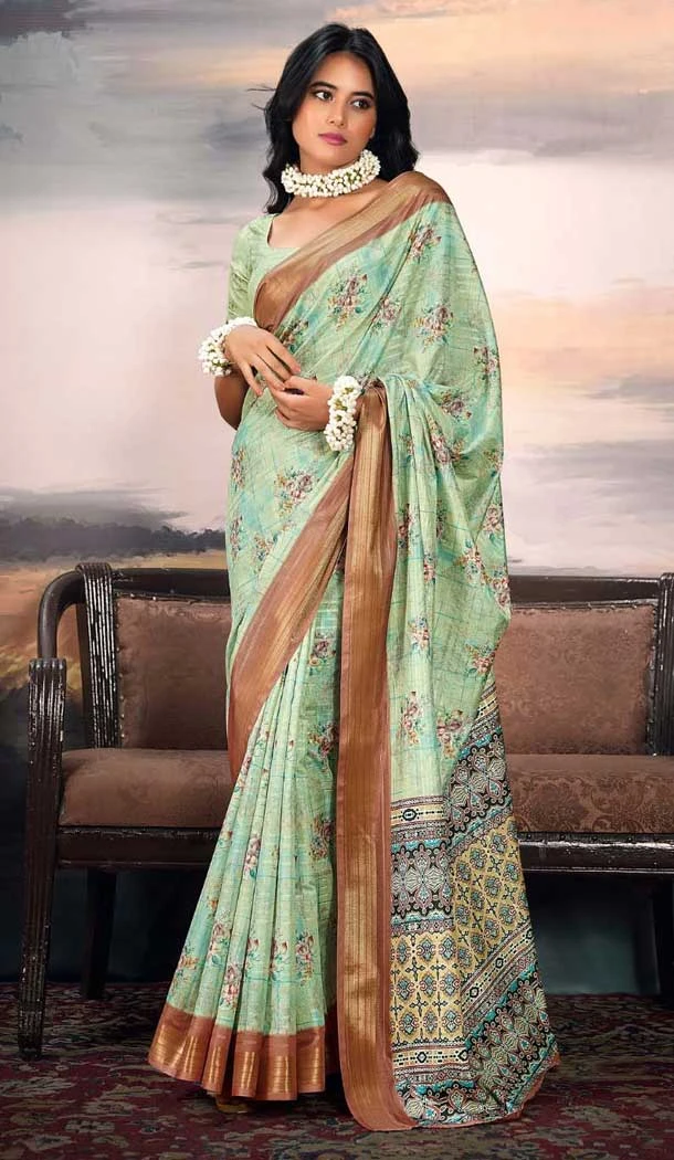 Cotton Silk Printed Casual Wear Saree In Mint Green - 10691195501