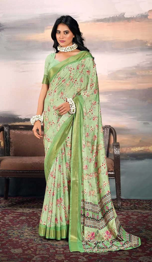 Cotton Silk Printed Casual Wear Saree In Green - 10691195503