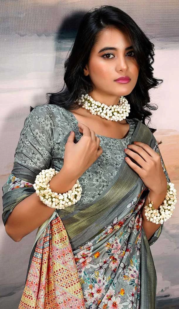 Cotton Silk Printed Casual Wear Saree In Grey - 10691195504