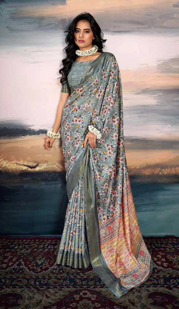 Cotton Silk Printed Casual Wear Saree In Grey - 10691195504