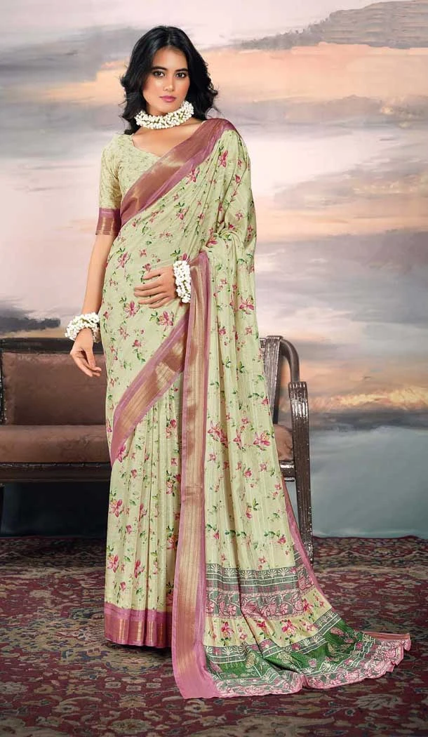 Cotton Silk Printed Casual Wear Saree In Pista Green - 10691195498
