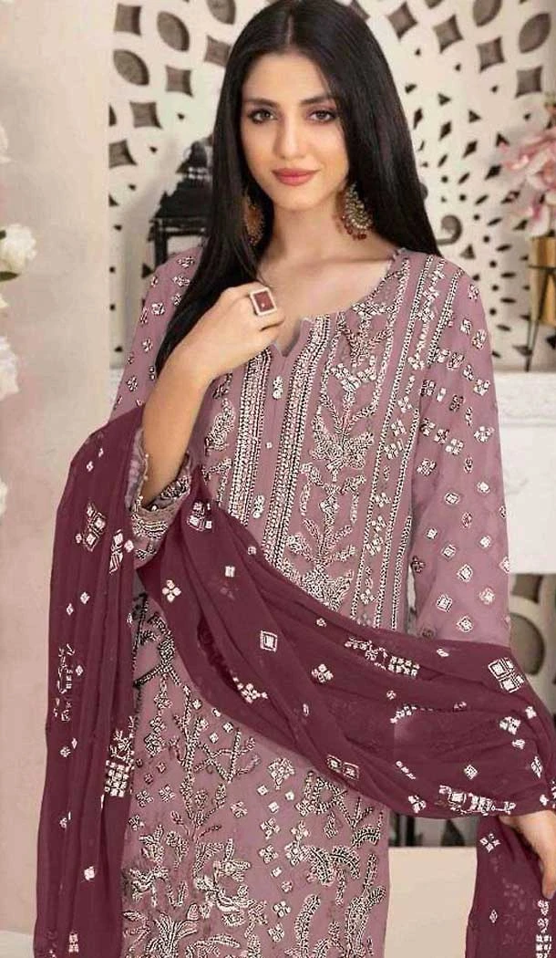 Fox Georgette Embroidered Pakistani Style Salwar Suit In Mauve - 10694195515