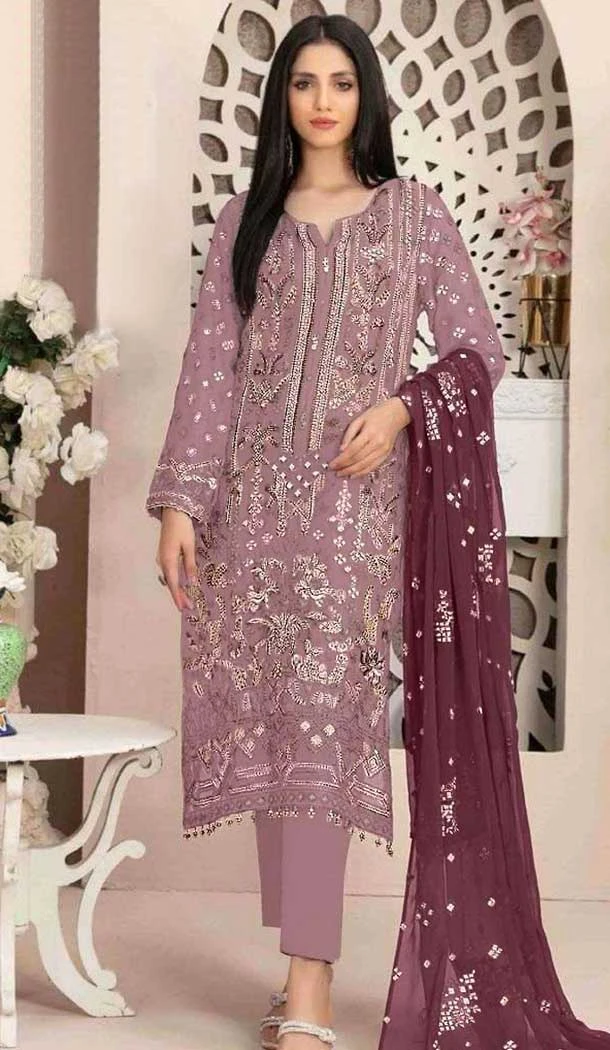 Fox Georgette Embroidered Pakistani Style Salwar Suit In Mauve - 10694195515