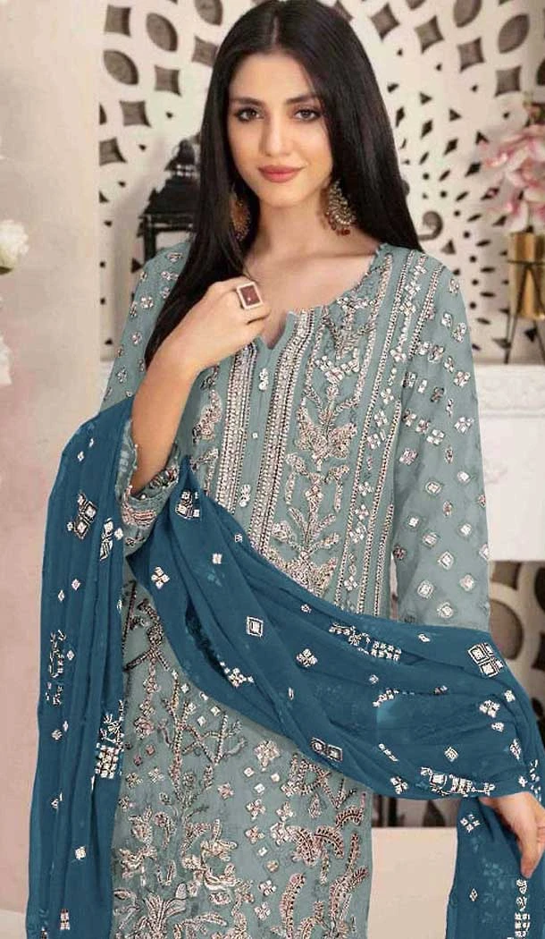 Fox Georgette Embroidered Pakistani Style Salwar Suit In Aquva Blue - 10694195517