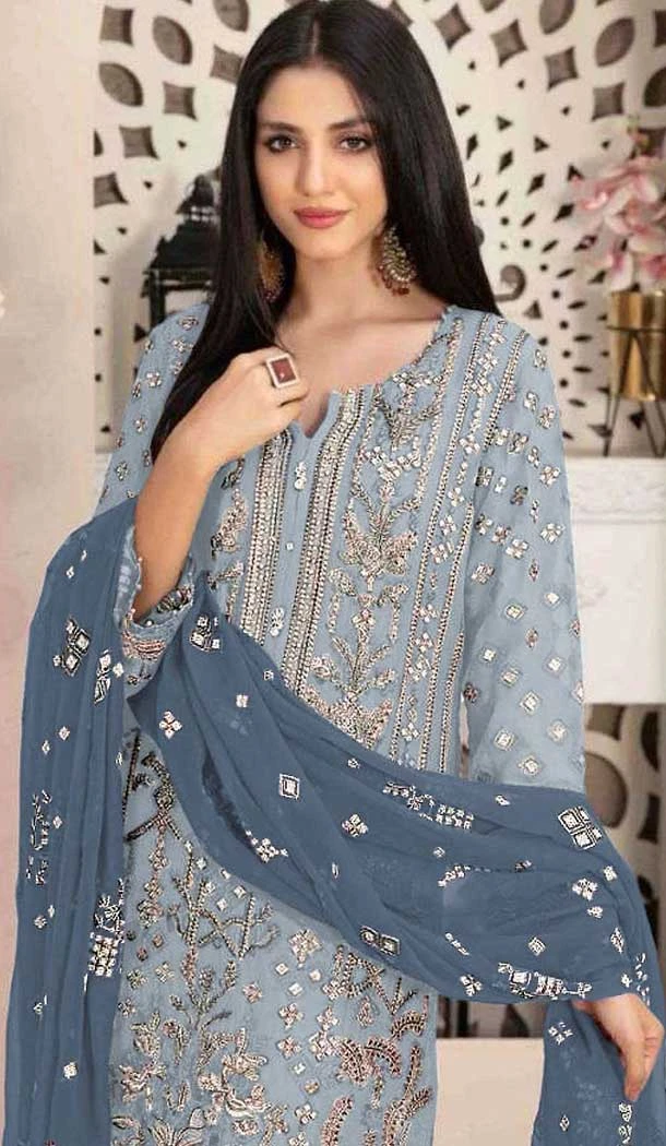Fox Georgette Embroidered Pakistani Style Salwar Suit In Sky Blue - 10694195519