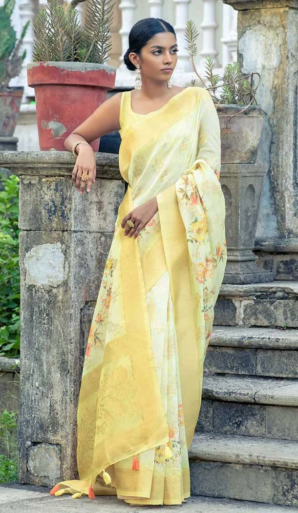 Organza Digital Printed Traditional Wear Saree In Yellow - 10738195768