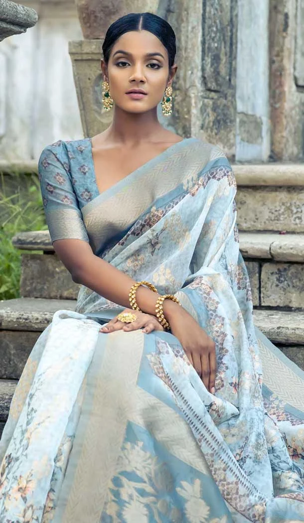 Organza Digital Printed Traditional Wear Saree In Sky Blue - 10738195769