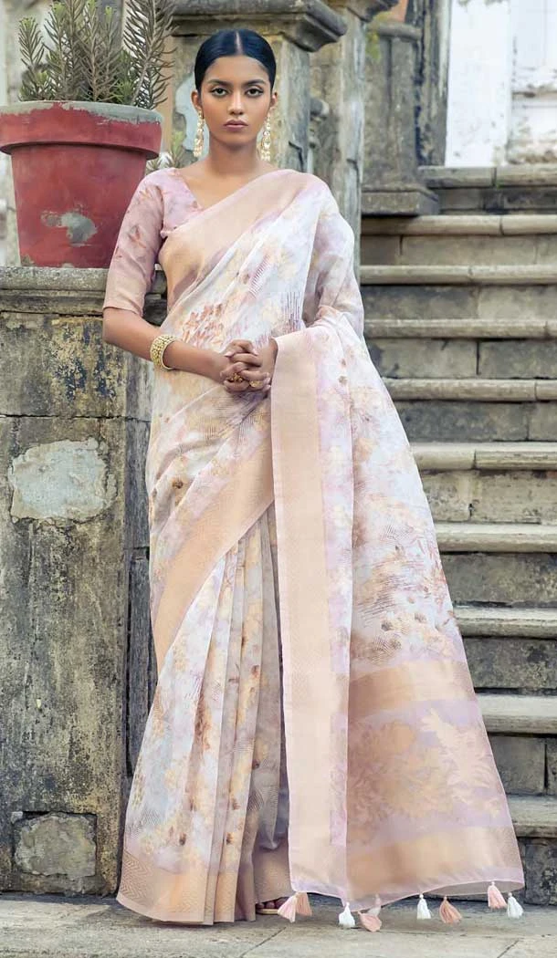 Organza Digital Printed Traditional Wear Saree In Cream - 10738195770