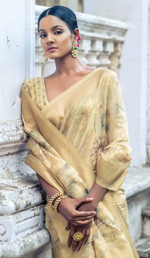 Organza Digital Printed Traditional Wear Saree In Chiku - 10738195771