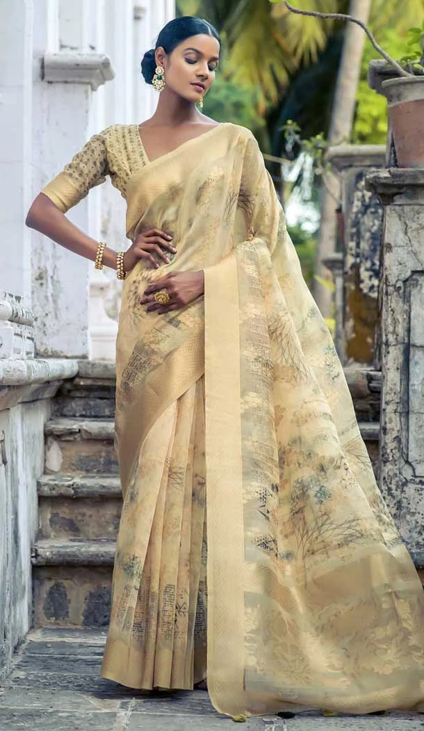 Organza Digital Printed Traditional Wear Saree In Chiku - 10738195771