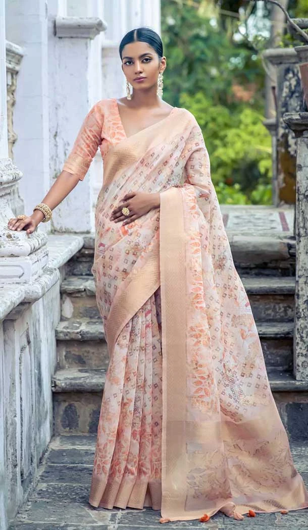 Organza Digital Printed Traditional Wear Saree In Peach - 10738195772