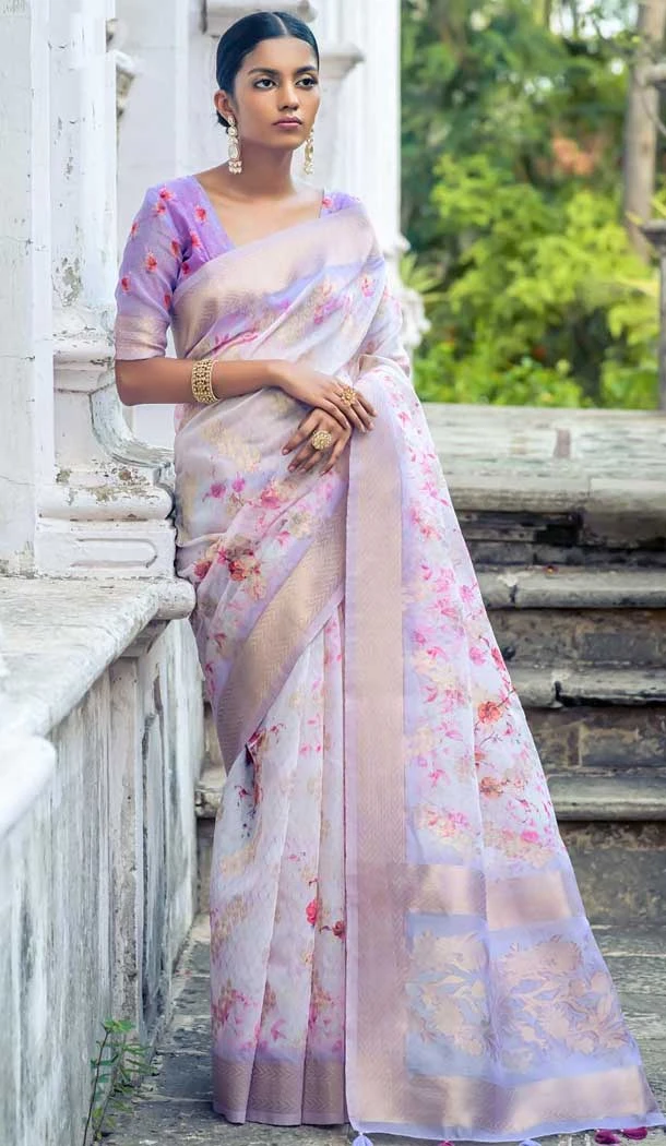 Organza Digital Printed Traditional Wear Saree In Light Lavender - 10738195774