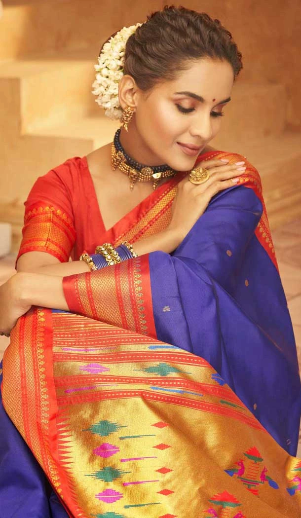 Paithani Weaving Work Traditional Wear Saree In Navy Blue - 10742195793