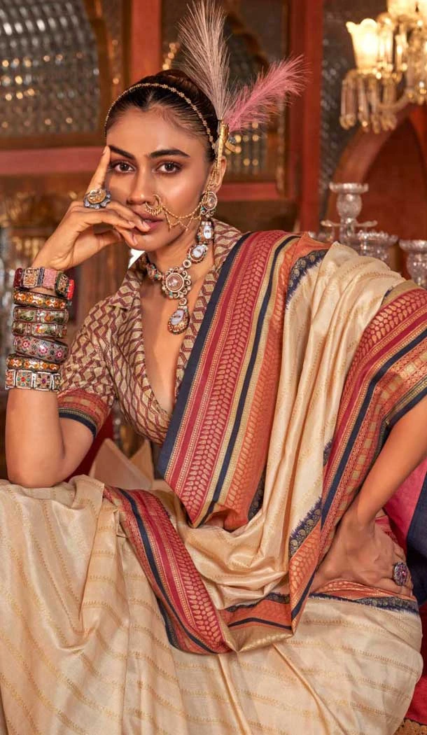 Beige Super VB Silk Printed Party Wear Saree - 10743195800