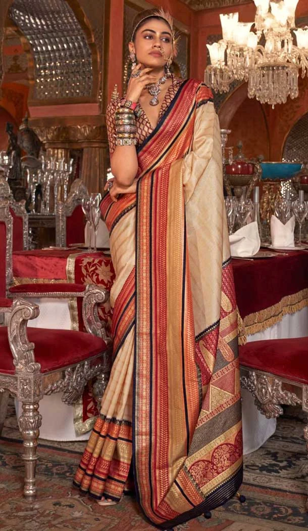 Beige Super VB Silk Printed Party Wear Saree - 10743195800