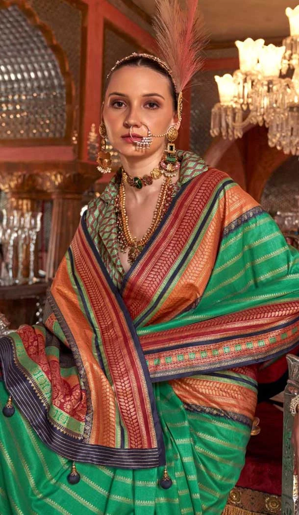 Super VB Silk Printed Party Wear Saree In Green - 10743195801