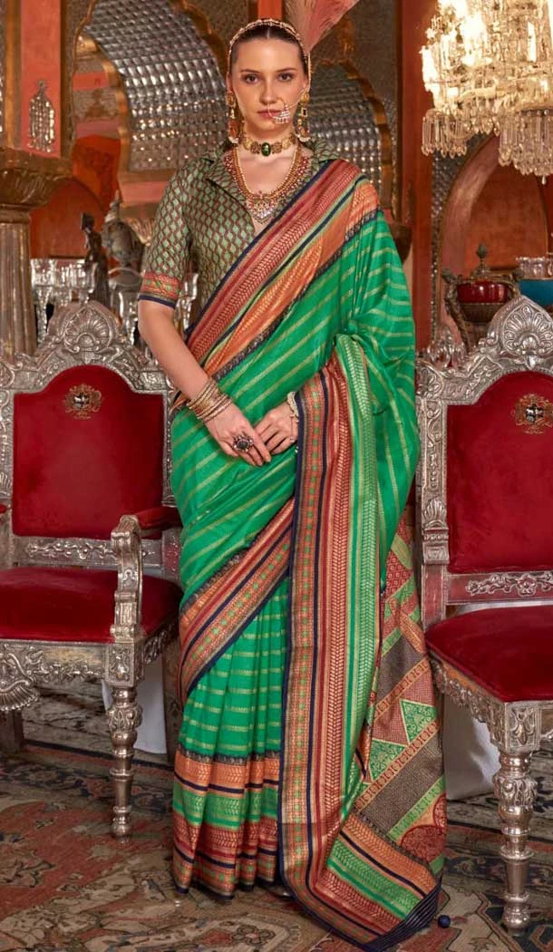 Super VB Silk Printed Party Wear Saree In Green - 10743195801