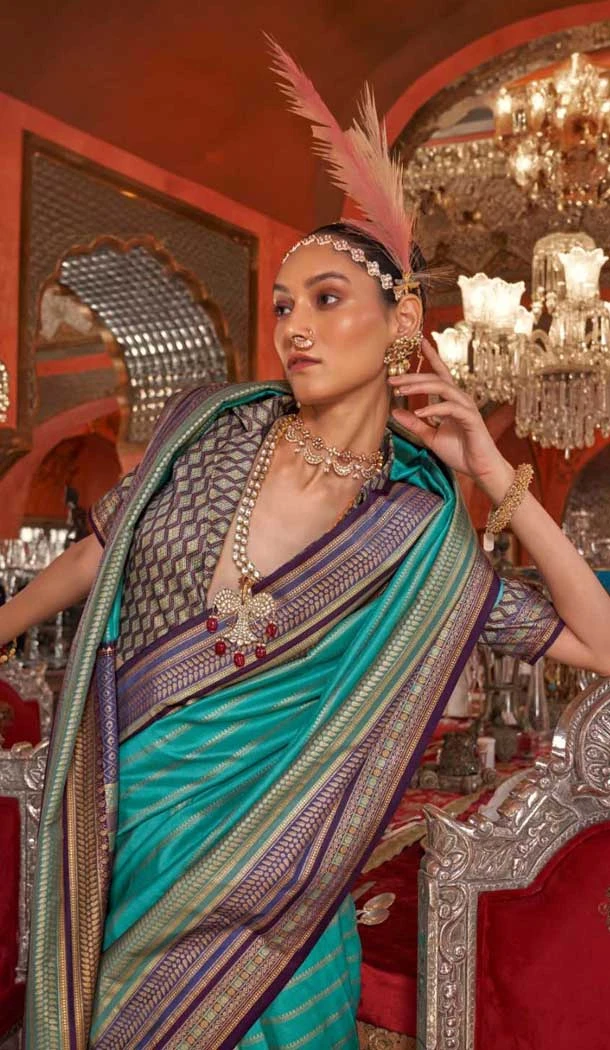 Firozi Blue Super VB Silk Printed Party Wear Saree - 10743195803
