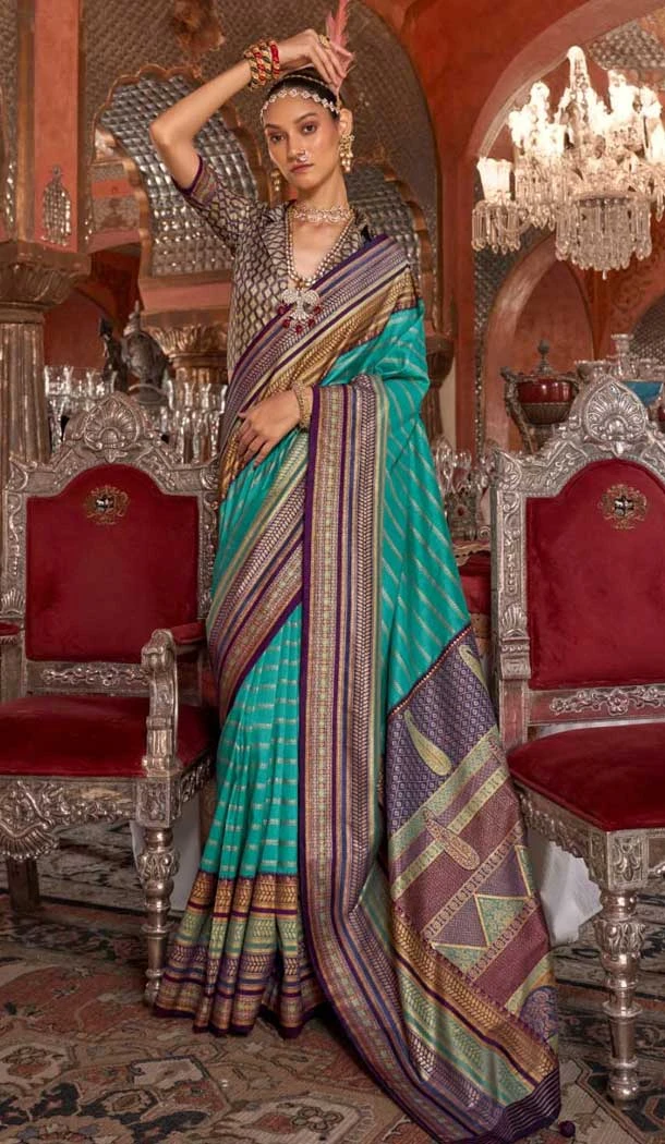 Firozi Blue Super VB Silk Printed Party Wear Saree - 10743195803