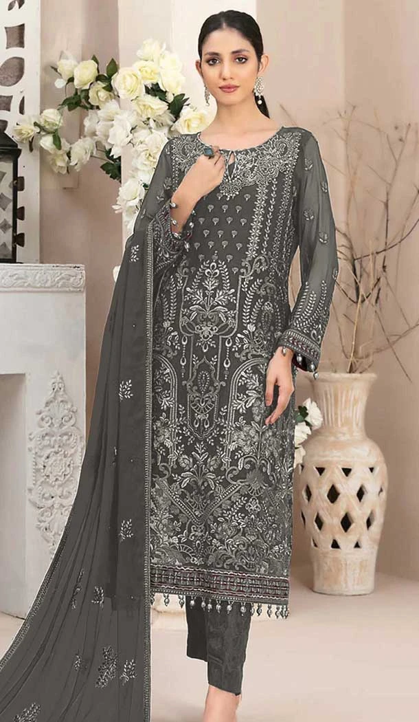 Light Grey Fox Georgette Embroidered Pakistani Salwar Suit - 10751195940