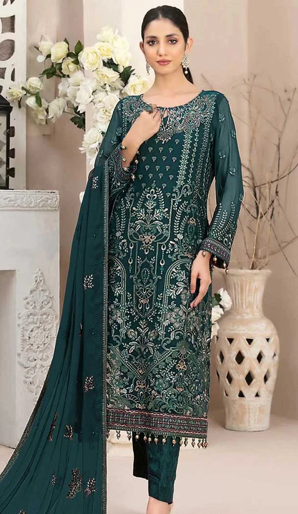 Teal Blue Fox Georgette Embroidered Pakistani Salwar Suit - 10751195941