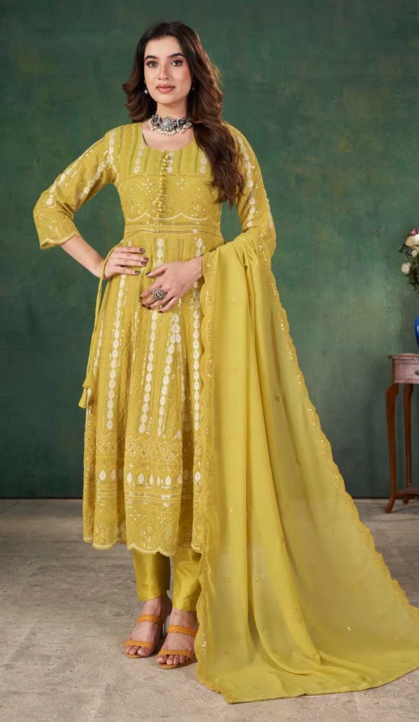 Georgette Resham Work Party Wear Salwar Kameez In Yellow - 10760195979