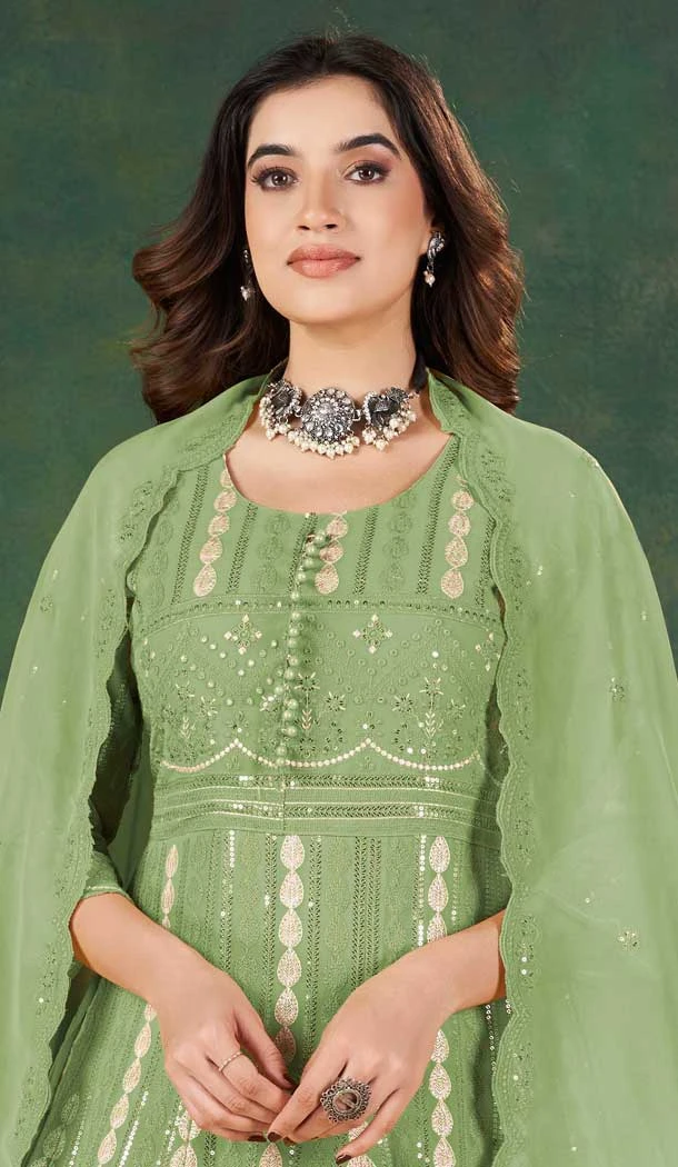 Georgette Resham Work Party Wear Salwar Kameez In Green - 10760195981