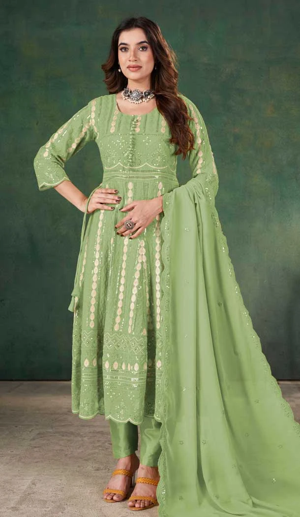 Georgette Resham Work Party Wear Salwar Kameez In Green - 10760195981
