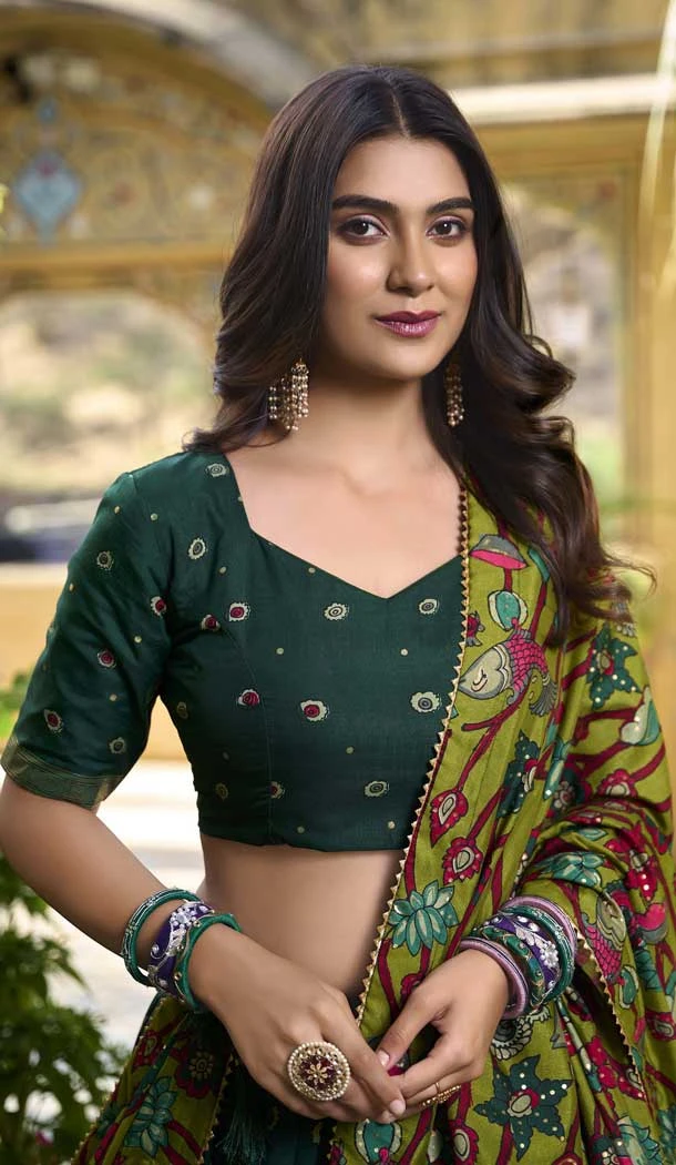 Tussar Silk Bandhani Print Work Party Wear Lehenga Choli In Dark Green - 10793196160