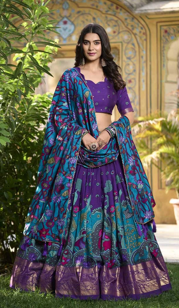 Tussar Silk Bandhani Print Work Party Wear Lehenga Choli In Purple - 10793196162