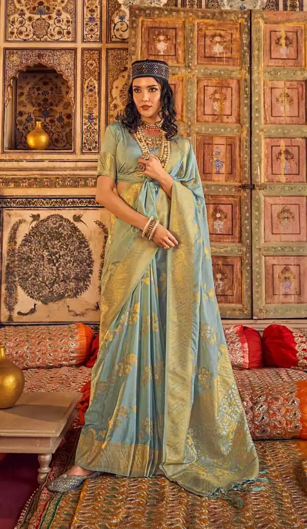 Light Blue Georgette Silk Zari Work Party Wear Saree - 10776196053