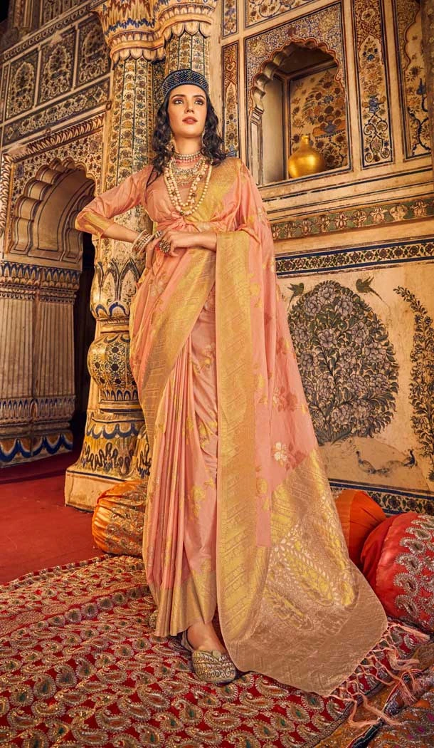 Peach Georgette Silk Zari Work Party Wear Saree - 10776196056