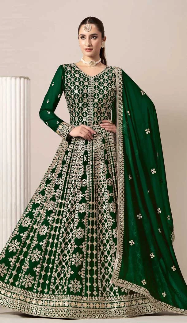 Faux Georgette Sequins Work Anarkali Style Salwar Suit In Green - 10779196070