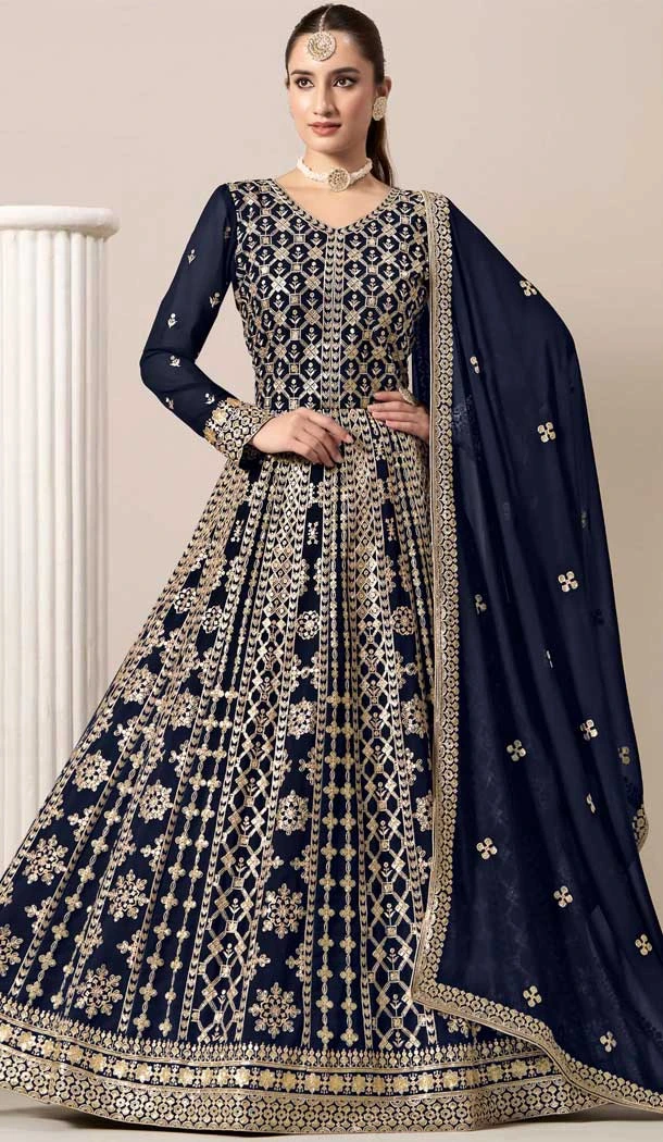 Faux Georgette Sequins Work Anarkali Style Salwar Suit In Navy Blue - 10779196072