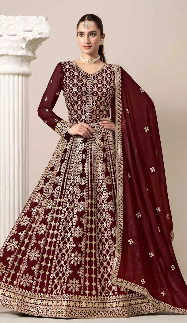 Faux Georgette Sequins Work Anarkali Style Salwar Suit In Maroon - 10779196073
