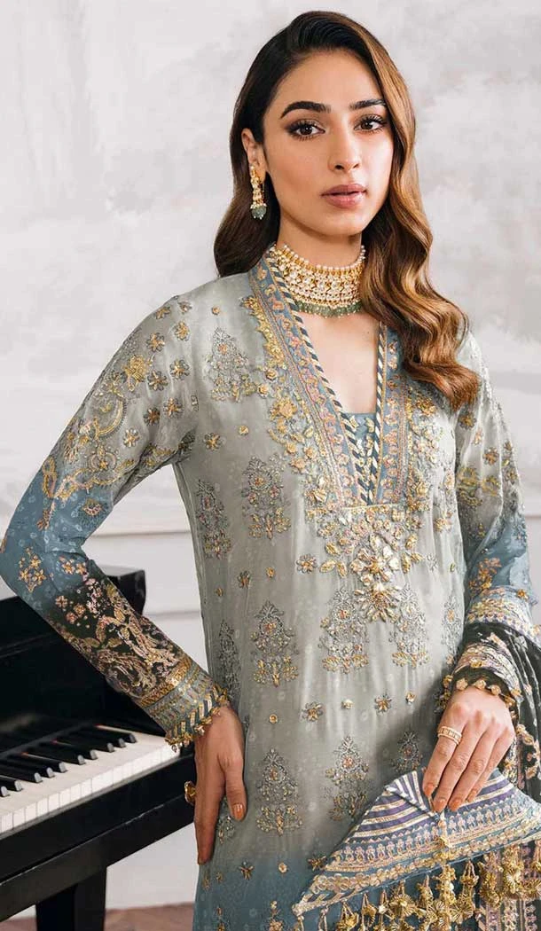 Grey Georgette Embroidered Pakistani Style Palazzo Salwar Suit - 10797196190
