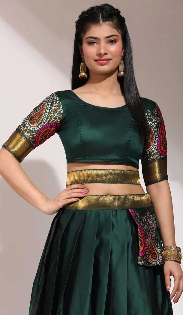 Lichi Silk Thread Work Traditional Wear Lehenga Choli In Bottle Green - 10625195109