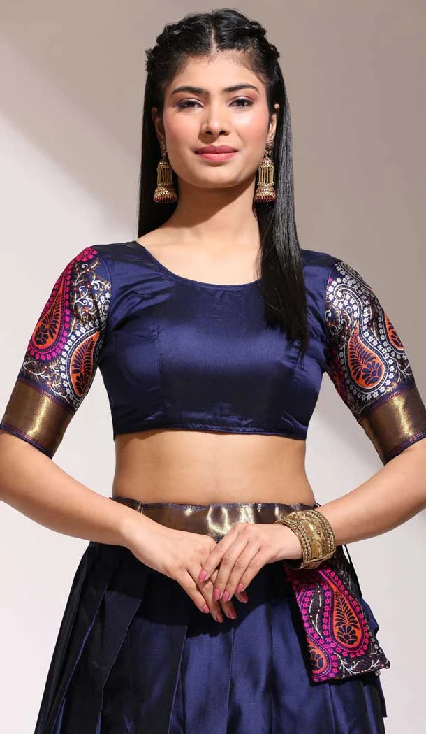 Lichi Silk Thread Work Traditional Wear Lehenga Choli In Navy Blue - 10625195112
