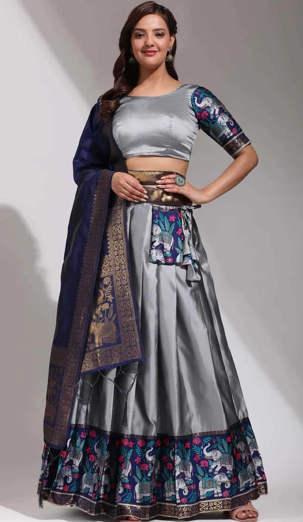 Lichi Silk Weaving Work Party Wear Lehenga Choli In Grey - 10629195127