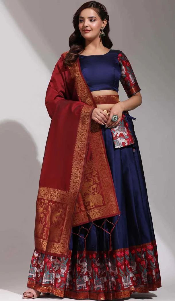 Lichi Silk Weaving Work Party Wear Lehenga Choli In Navy Blue - 10629195130