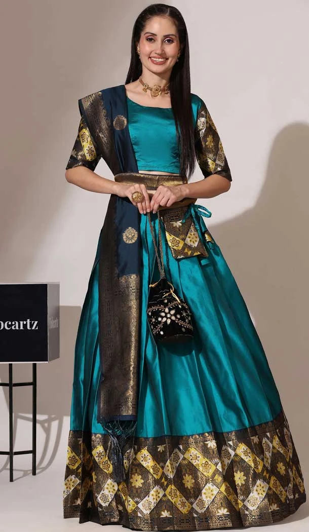Firozi Blue Lichi Silk Zari Work Treditional Wear Lehenga Choli - 10630195134