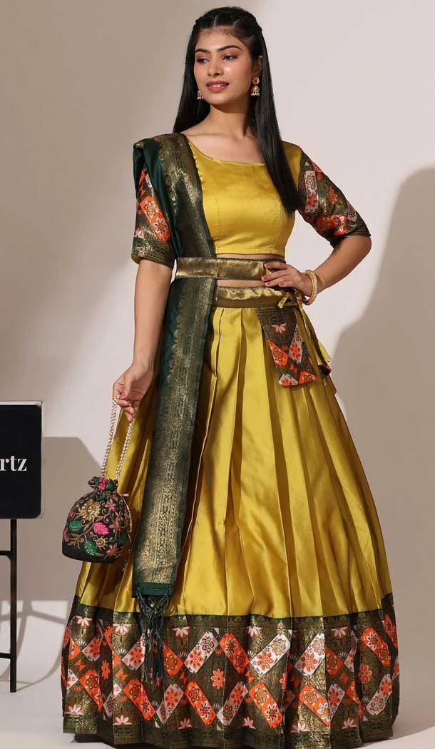 Mustard Lichi Silk Zari Work Treditional Wear Lehenga Choli - 10630195136