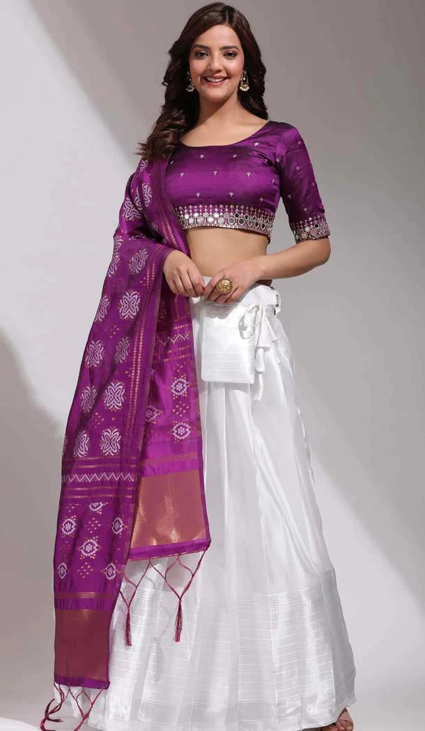 White Silk Mirror Work Festival Wear Lehenga Choli - 10645195226