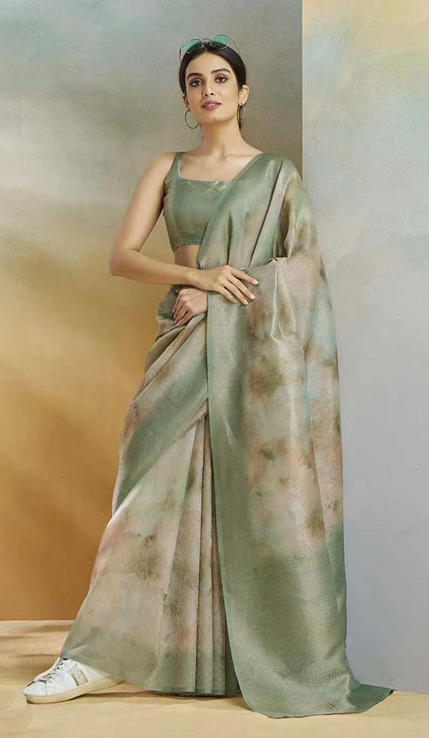 Weaving Silk Printed Party Wear Saree In Light Green - 10735195746