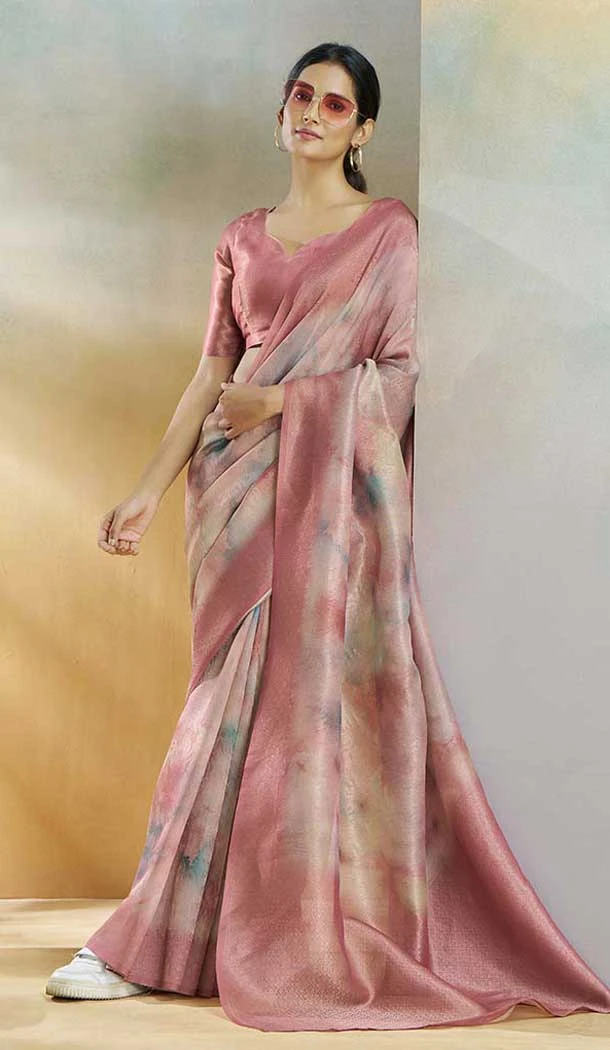 Weaving Silk Printed Party Wear Saree In Pink - 10735195747