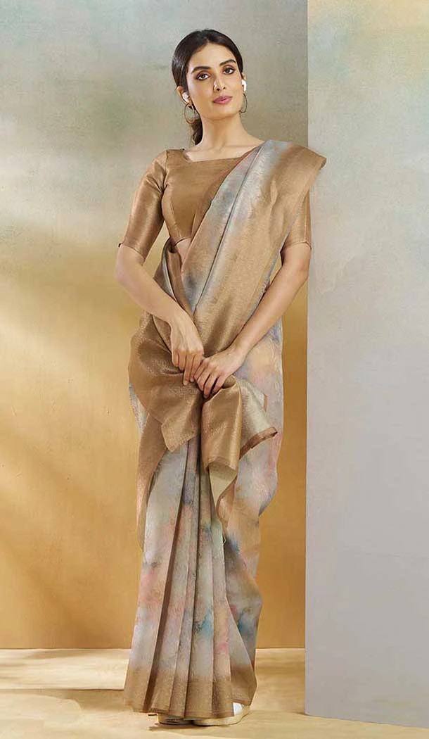 Weaving Silk Printed Party Wear Saree In Beige - 10735195748