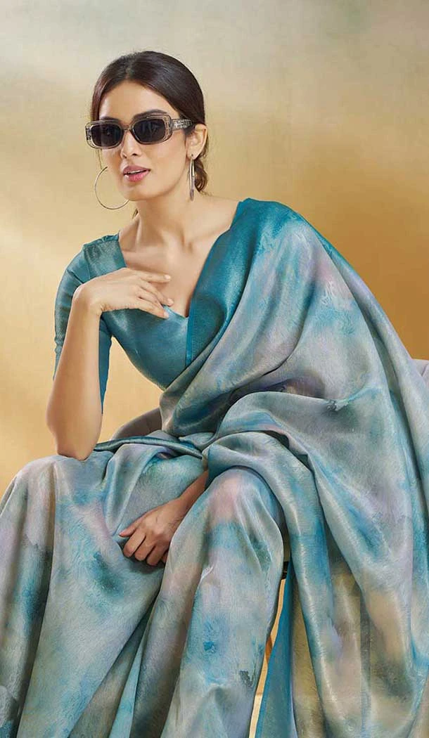 Weaving Silk Printed Party Wear Saree In Blue - 10735195750