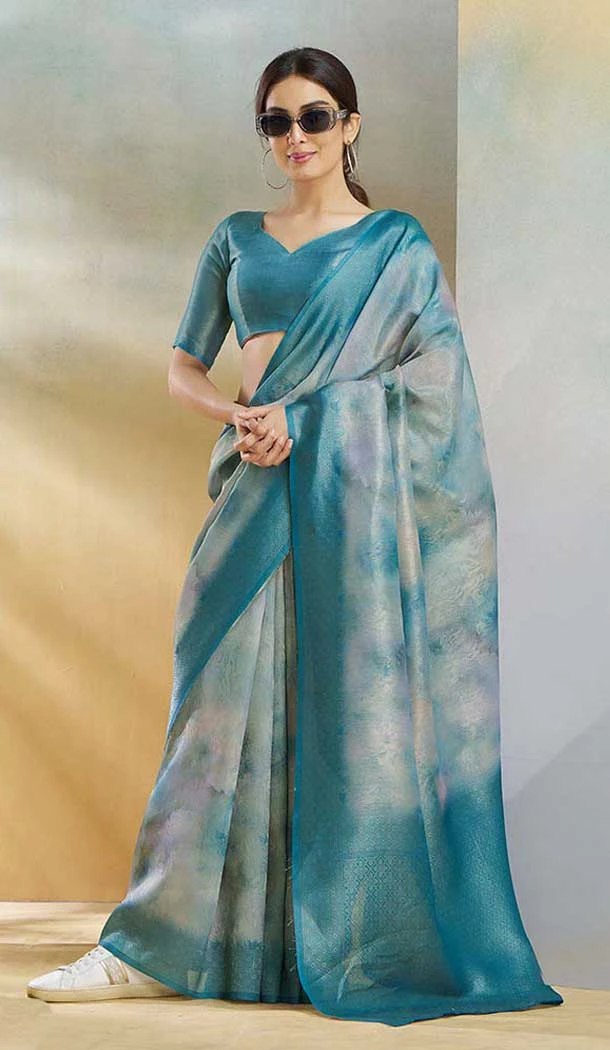 Weaving Silk Printed Party Wear Saree In Blue - 10735195750