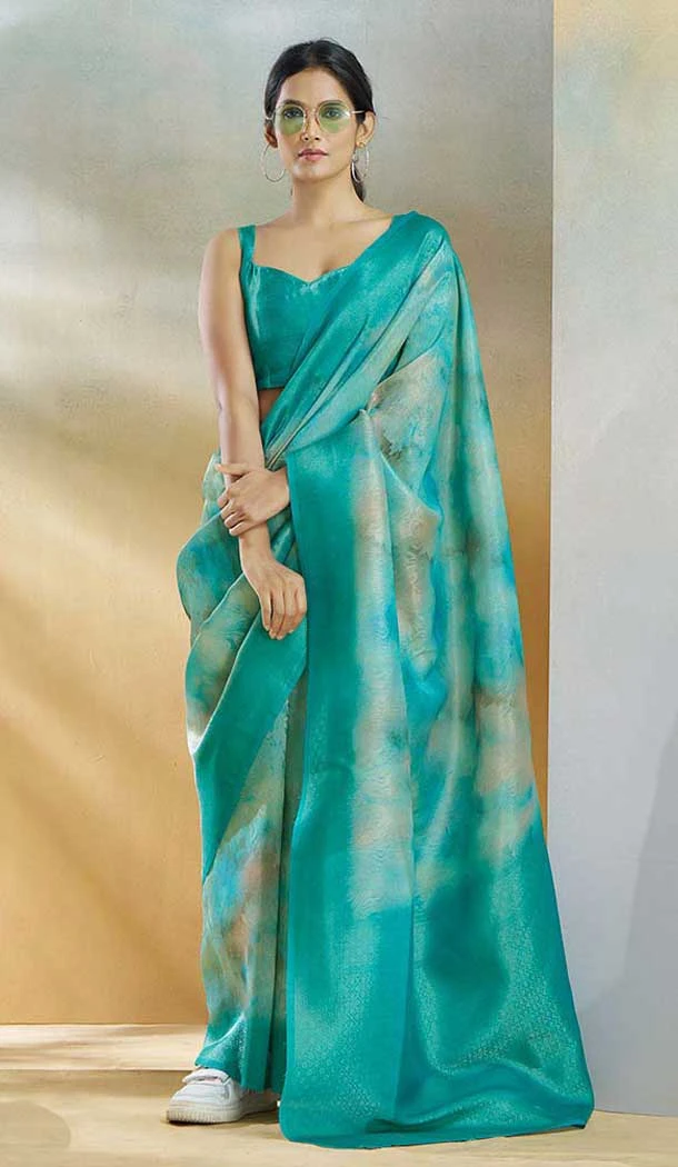 Weaving Silk Printed Party Wear Saree In Turquoise Blue - 10735195751