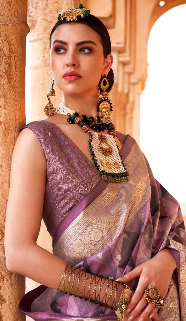 Purple And Violet Viscose Silk Printed Work Traditional Wear Saree - 10737195764